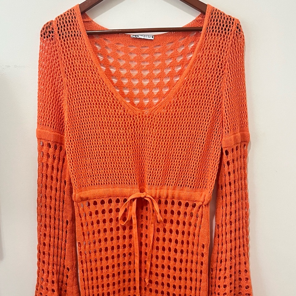 Zara Crochet Open Knit Maxi Dress Swim Coverup Orange Vacation Beachy Size Small - Picture 6 of 13